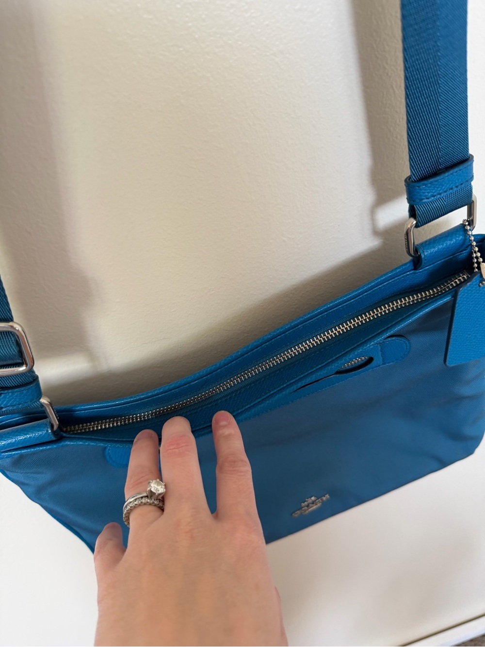 COACH Blue Nylon Crossbody Bag Messenger Shoulder Bag Leather Trim Zip Top - Picture 12 of 14